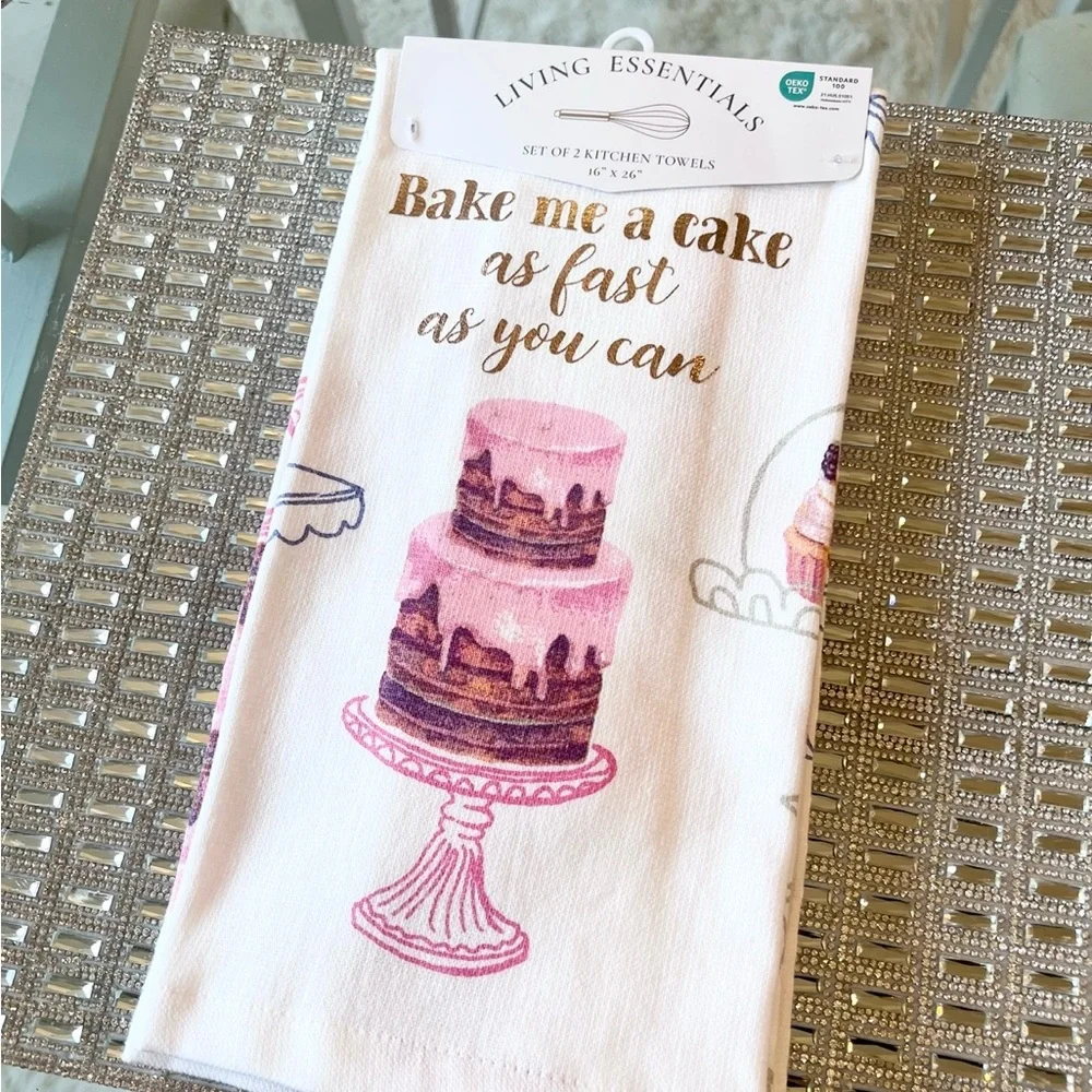 🎂 BAKE ME A CAKE AS FAST AS YOU CAN Pink Set of 2 Kitchen Towels NEW